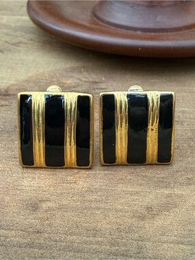 Vintage-Inspired Black and Gold Stripe Clip-On Earrings